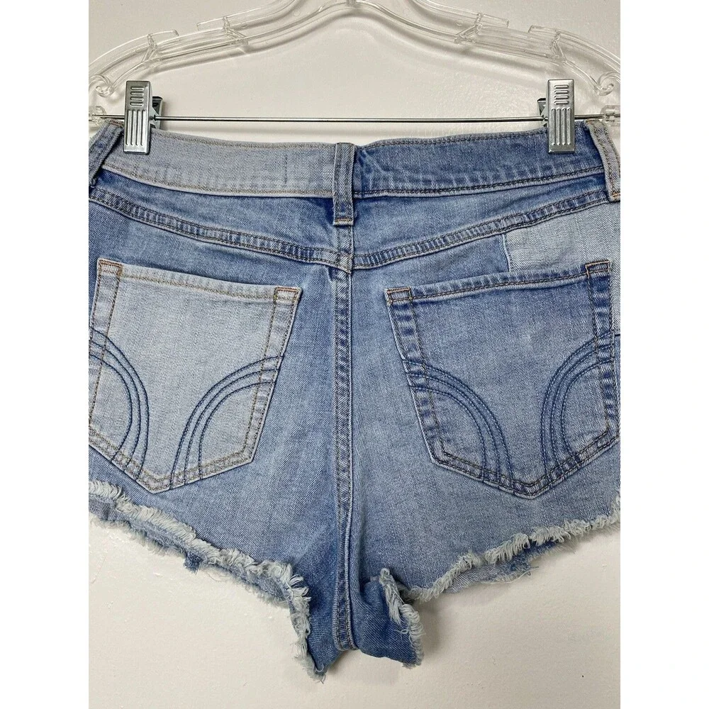 Hollister Blue Denim Vintage Shorts Size 28 Womens High Rise Cut Off Color Block